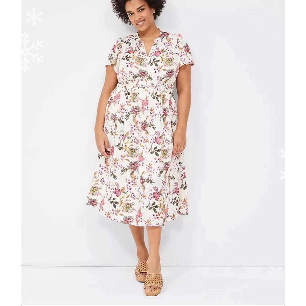 NEW Lane Bryant Satin Flutter Sleeve Ruffle V Neck Midi Cream Floral Dress sz 22